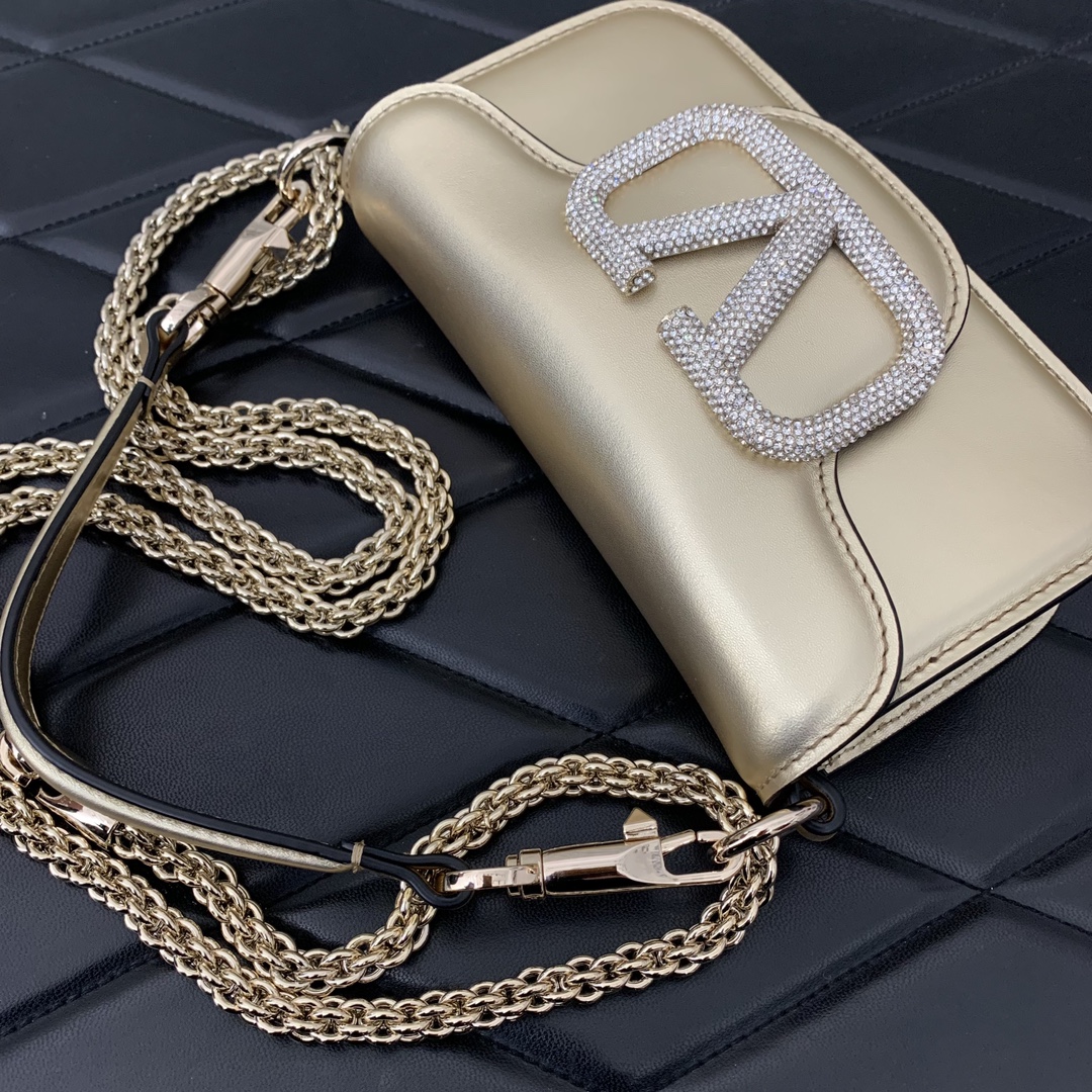 Valentino Garavani Loco Small Shoulder Bag in Gold Calfskin Leather 